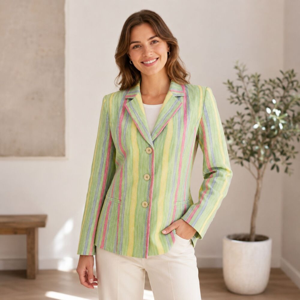 JM Studio by John Meyer Blazer Green Yellow Pink Striped Lined Jacket Womens 12P